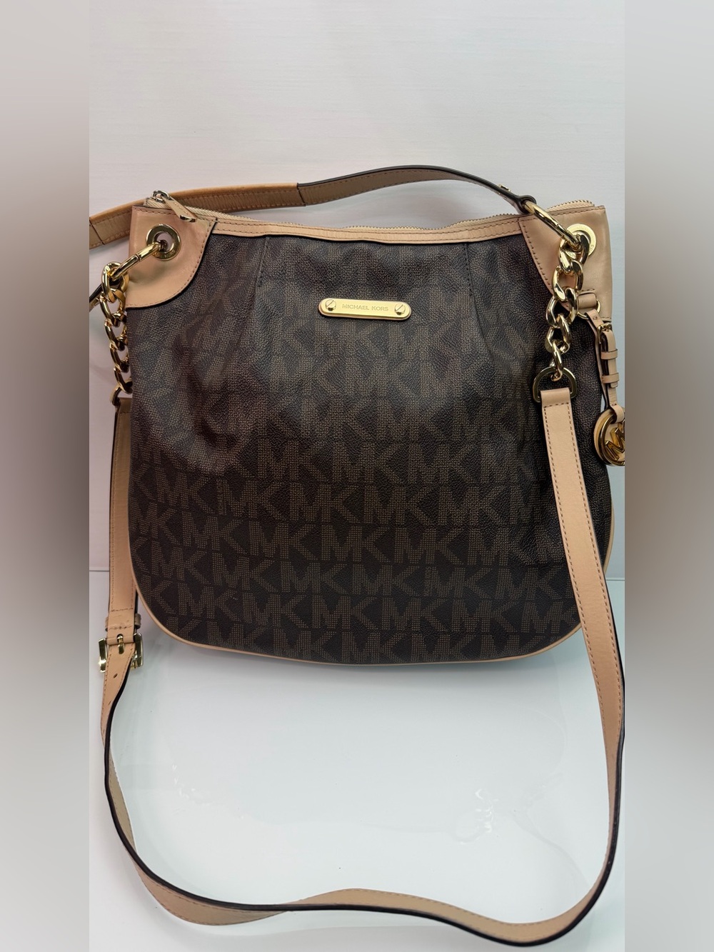 Michael Kors Brown Signature Logo Hobo Shoulder Crossbody Bag